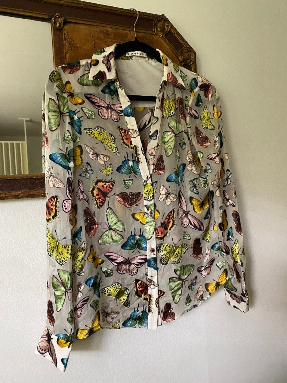 Alice + Olivia Boundless Butterfly Print Long Sleeve Blouse Silk Blend Small